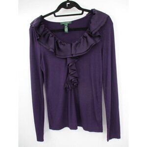 Lauren Ralph Lauren Womens Top Medium Purple Ruffle Stretchy Top Knit Pullover
